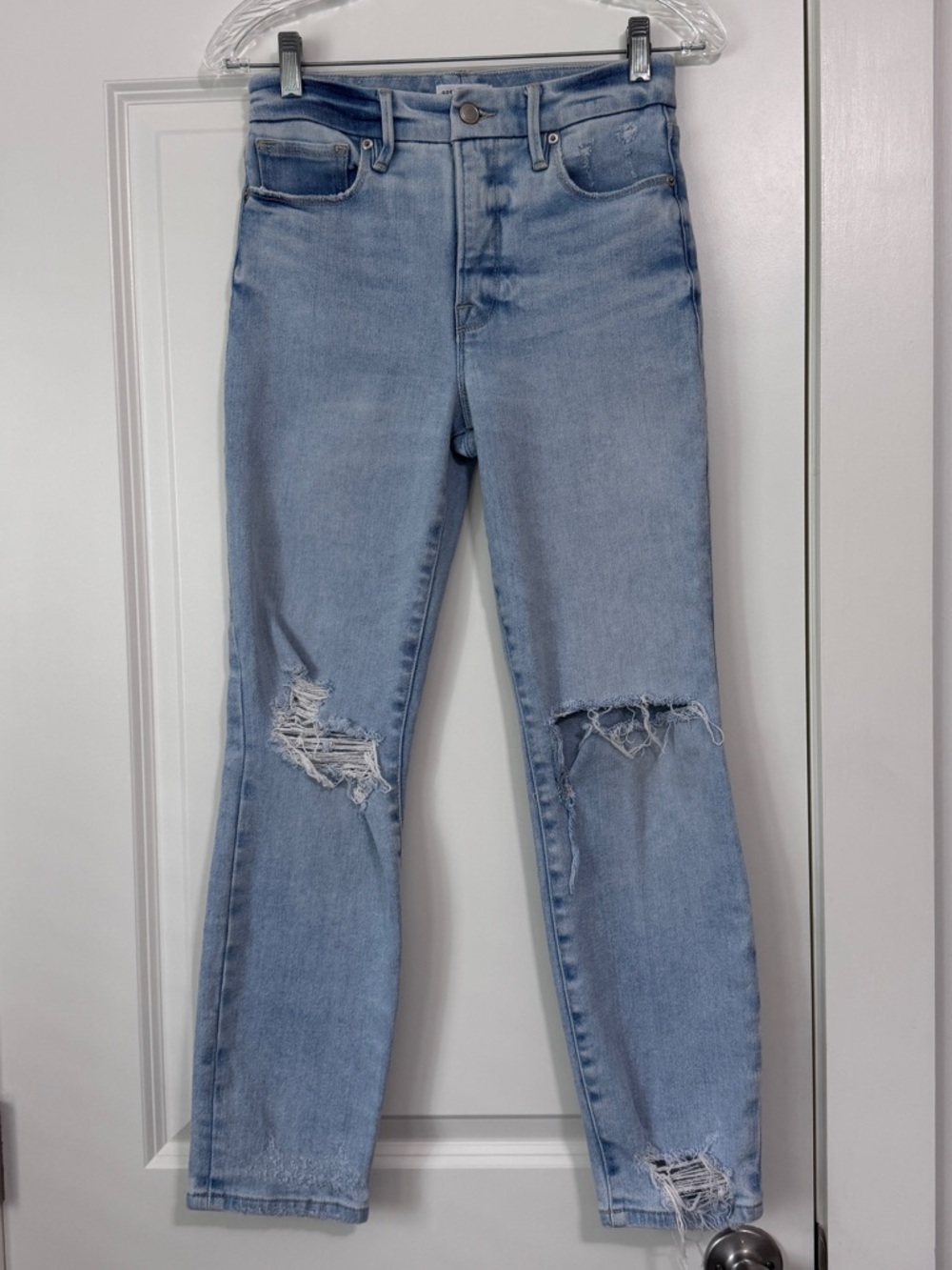 Good American 0 / 25 Light Wash Straight Leg Distressed High Waist Jeans